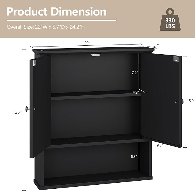 Bathroom Wall Cabinet with Mirror, Bathroom Mirror Cabinet Wall Mounted, Over Toilet Medicine Cabinets with Adjustable Shelf, Large Capacity, Black