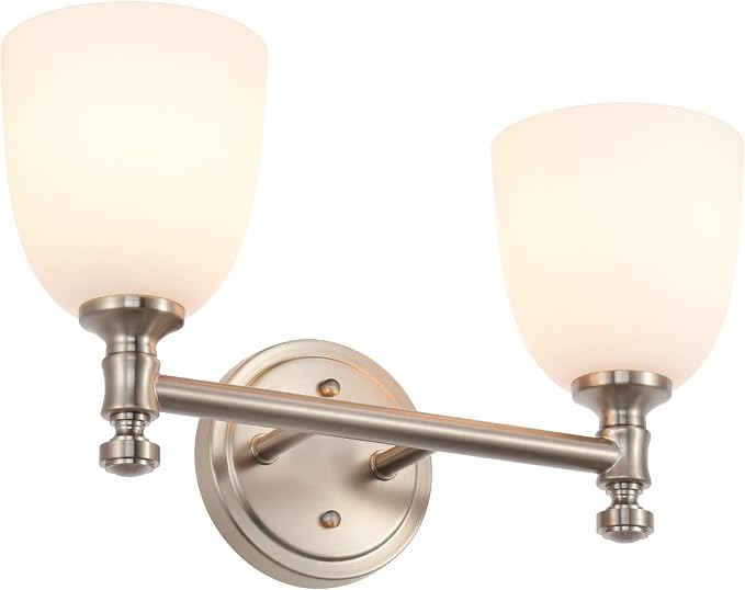 Bathroom Light Fixtures, Brushed Nickel 2-Light Bathroom Vanity Light Fixtures Over Mirror, Vintage Vanity Lights for Bathroom Living Room, Milk White Glass Shades , Standard E26 Base, Brushed Nickel