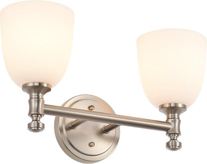 Bathroom Light Fixtures, Brushed Nickel 2-Light Bathroom Vanity Light Fixtures Over Mirror, Vintage Vanity Lights for Bathroom Living Room, Milk White Glass Shades , Standard E26 Base, Brushed Nickel