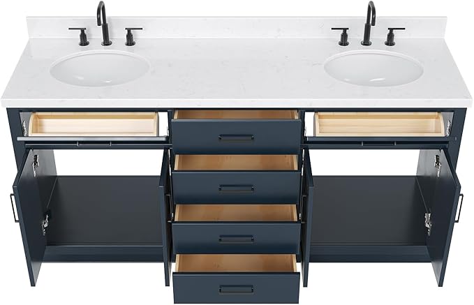 ARIEL Hepburn 72-inch Bathroom Vanity with Sink,Solid Wood, 1.5-inch Carrara White Quartz Countertop, Double Oval Porcelain Sink, 4 Soft Closing Doors, 6 Dovetail Drawers, Midnight Blue