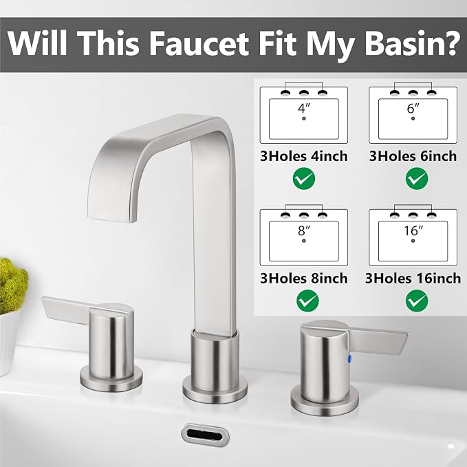 Brushed Nickel Bathroom Faucet 3 Hole 8 Inch Widespread Waterfall | 2-Handle Vanity Faucet, Pop-Up Drain, Supply Lines, Adjustable 4- to 16-Inch Widespread Fit, 360° Swivel Spout