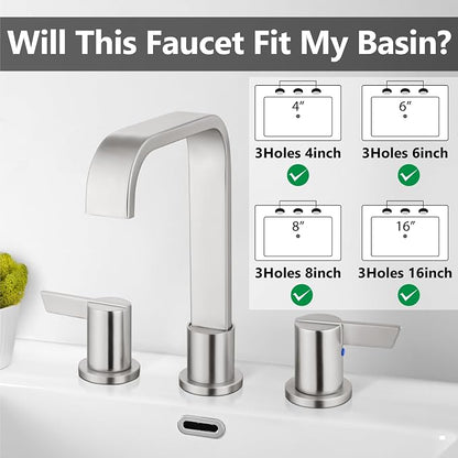 Brushed Nickel Bathroom Faucet 3 Hole 8 Inch Widespread Waterfall | 2-Handle Vanity Faucet, Pop-Up Drain, Supply Lines, Adjustable 4- to 16-Inch Widespread Fit, 360° Swivel Spout