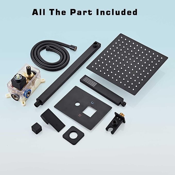 12 Inch Shower Faucet Set,Matte Black Shower System With Handheld | Square Shower Head with Shower Trim Kit And Handheld Shower Valve,Multi-function Rainfall,Rain Shower & Handheld Spray Combo