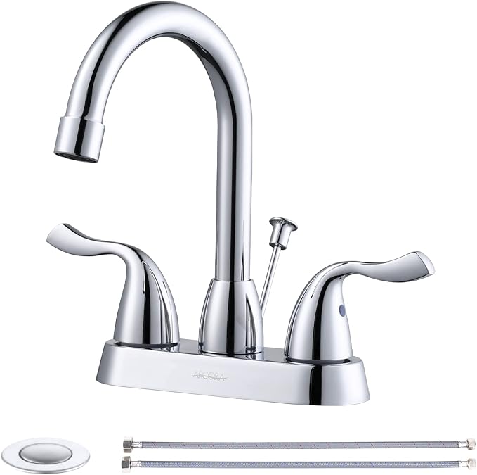 ARCORA 2 Handle Bathroom Faucet Chrome, 4 Inch Centerset Bathroom Faucet with Drain Assembly and Supply Hoses, Bathroom Faucet 3 Holes