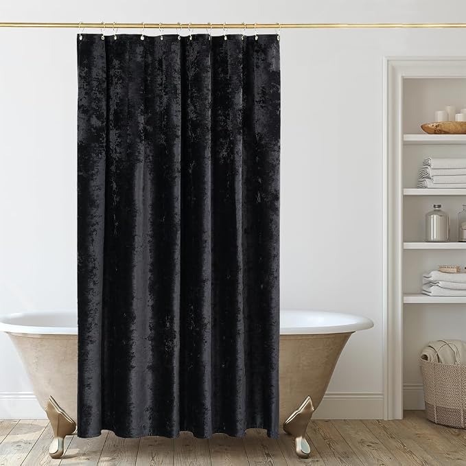 TAMGHO Black Shower Curtain for Bathroom, Luxury Crushed Velvet Shower Curtain Black, Dark Shower Curtain Set with Gold Decro Metal Hooks, Machine Washable Thick Fabric, 72 x 72 inches