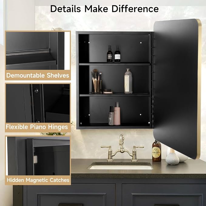 Movo 20x31 Inch Recessed or Surface Mount Medicine Cabinet with Mirror Aluminum Metal Framed Bathroom Mirror Medicine Cabinet Rectangle Storage Cabinet Gold