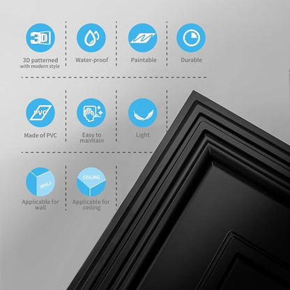 Art3d PVC Ceiling Tiles, 3D Plastic Sheet in Black, 2 x 2 ft, 12-Pack | Lightweight, Waterproof, No Sag and Breakage, Compatible with Grid System, Perfect for Basement, Kitchen