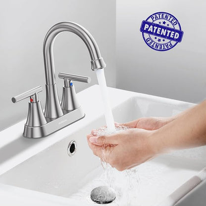 Silver faucet with water flowing into a sink, showing a hand washing under the faucet. Patented logo in the corner.