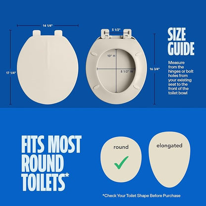 HIGHCRAFT Premium Round Toilet Seat with Adjustable Hinges - Molded Plastic Toilet Seat - Fits Standard Round Toilets - Round Seat in Bone/Beige