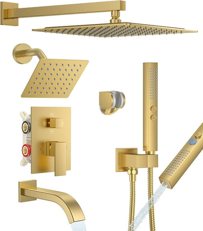 Rain Shower System with Rough-in Valve, Wall Mount Shower Faucet Set with 12" & 6" Dual Rain Shower Heads, 2-in-1 Handheld Shower, Tub Spout, 4-Function Complete Shower Fixture, Brushed Gold