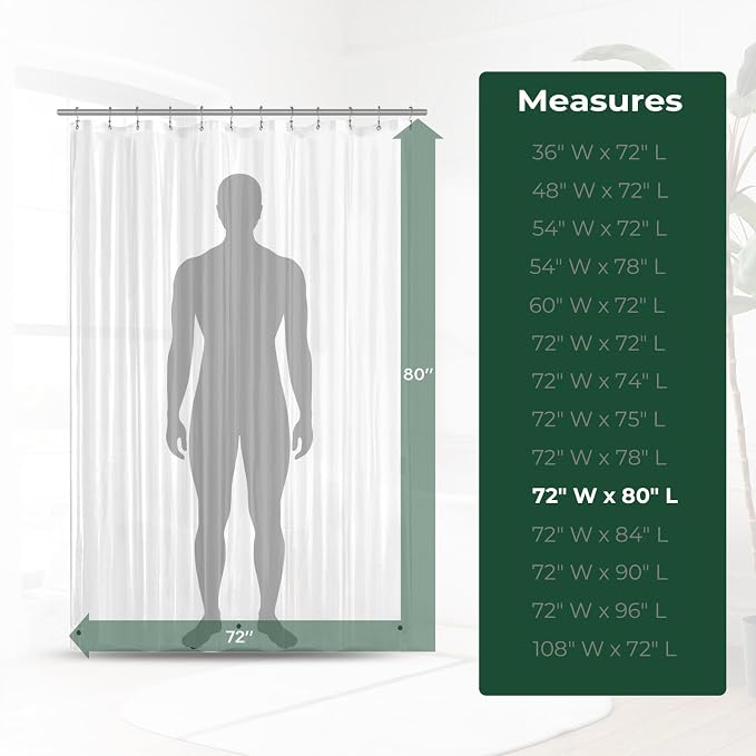 Clear Shower Curtain Liner with Side Suction Cups, Premium PEVA Plastic Shower Liner with 3 Magnets, Waterproof Bathroom Curtain, 72 x 80, Clear