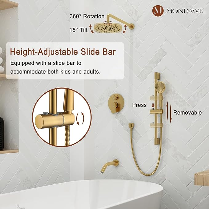 MONDAWE 9 Inch Wall Mounted Shower Faucet Set with Tub Spout in Brushed Gold, Rainfall Shower Head with 3-Setting Handheld Spray Shower Combo, High Pressure Shower System with Solid Brass Valve