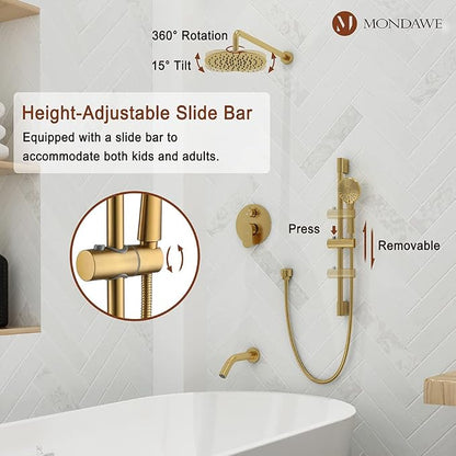 MONDAWE 9 Inch Wall Mounted Shower Faucet Set with Tub Spout in Brushed Gold, Rainfall Shower Head with 3-Setting Handheld Spray Shower Combo, High Pressure Shower System with Solid Brass Valve