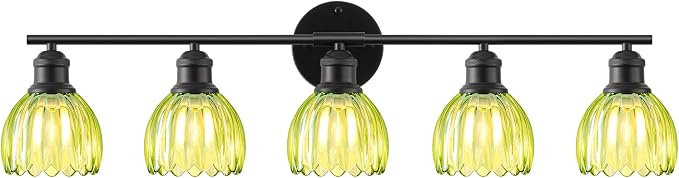 Bathroom Light Fixtures, 5-Light Brushed Black Vanity Lights for Bathroom with Green Tulip Glass Shade, 30" Vintage Bathroom Vanity Lighting Fixtures Over Mirror for Bedroom Living Room Hallway