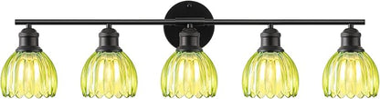 Bathroom Light Fixtures, 5-Light Brushed Black Vanity Lights for Bathroom with Green Tulip Glass Shade, 30" Vintage Bathroom Vanity Lighting Fixtures Over Mirror for Bedroom Living Room Hallway