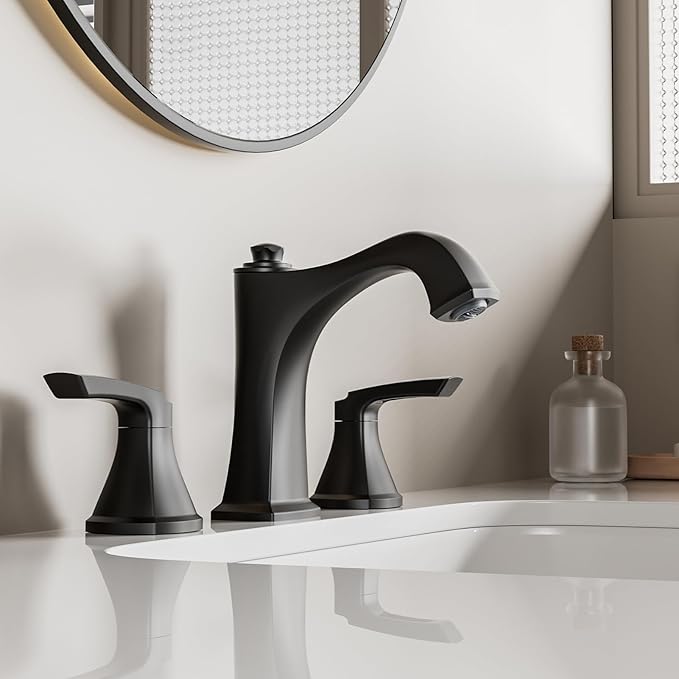 Matte Black Bathroom Faucet 3 Hole, Sanliv Widespread Bathroom Sink Faucet with Pop-Up Drain, 2 Handles Modern Vanity Faucet for 4-8 Inch Wide Spread Sinks, ‎Matte Black