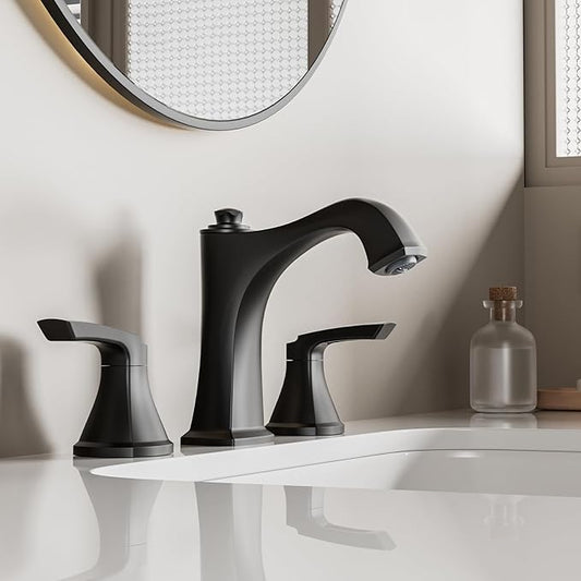 Matte Black Bathroom Faucet 3 Hole, Sanliv Widespread Bathroom Sink Faucet with Pop-Up Drain, 2 Handles Modern Vanity Faucet for 4-8 Inch Wide Spread Sinks, ‎Matte Black