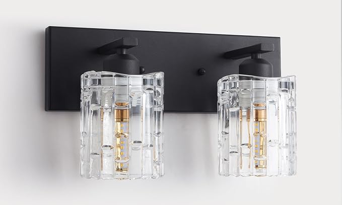 Matte Black Crystal Bathroom Vanity Light,2 Lights Modern Bathroom Wall Light,Over Mirror Light Fixtures for Living Room, Bedroom, Hallway