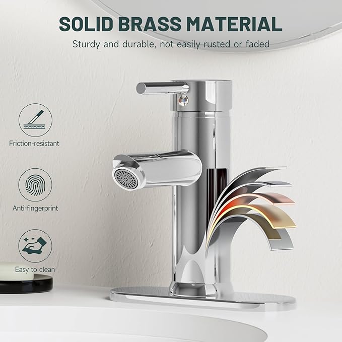 Chrome Bathroom Faucets, Single Handle Bathroom Faucet 1 Hole Bathroom Sink Faucet Modern Commercial Lavatory Vanity Faucet with Cover Plate Pop Up Drain with Overflow Included, Brass