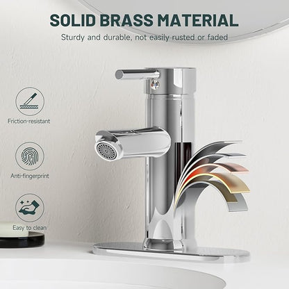 Chrome Bathroom Faucets, Single Handle Bathroom Faucet 1 Hole Bathroom Sink Faucet Modern Commercial Lavatory Vanity Faucet with Cover Plate Pop Up Drain with Overflow Included, Brass