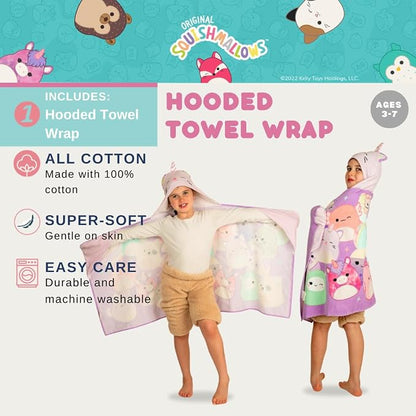 Squishmallows Kids Super Soft Bath/Pool/Beach Soft Cotton Terry Hooded Towel Wrap, 24 in x 50 in, (Officially Licensed Product) By Franco