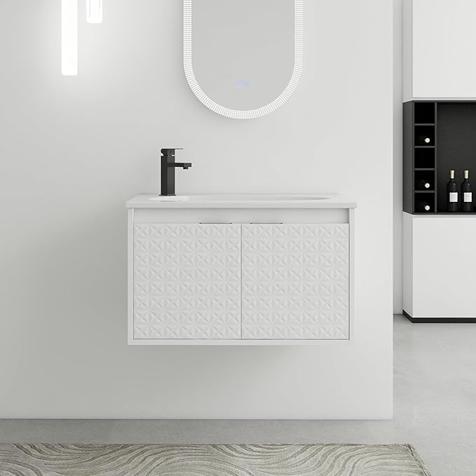 SSLine Modern 30" Floating Bathroom Vanity with Sink Wall Mounted Bathroom Vanity with Top Basin & Storage Cabinet 30-Inch White Star Bath Vanity w/Drop-Shaped Resin Sink for Small Space