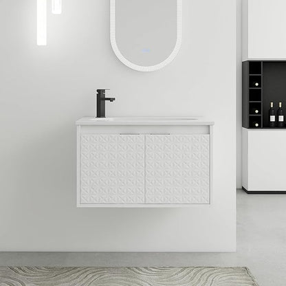 SSLine Modern 30" Floating Bathroom Vanity with Sink Wall Mounted Bathroom Vanity with Top Basin & Storage Cabinet 30-Inch White Star Bath Vanity w/Drop-Shaped Resin Sink for Small Space