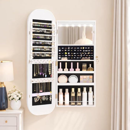 LVSOMT LED Mirror Jewelry Cabinet, Over the Door Jewelry Armoire Organizer | 42" Full Length Mirror with Storage, Built-in Makeup Mirror, Lockable Wall Mounted Jewelry Mirror for Women, Girls, White