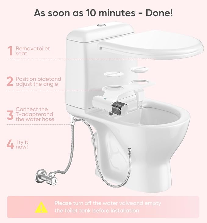 Ultra-Slim Bidet Attachment, Posterior&Feminine Wash-(Retractable Dual Nozzles), Non-Electric Bidet Attachment for Toilet Seat, Adjustable Fresh Cold Water Pressure, Stainless Steel Inlet (DarkGray)