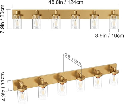 Aipsun Gold Bathroom Vanity Light Farmhouse Vanity Lighting Fixtures 6 Light 48in Bathroom Light Fixtures with Clear Glass Shade(Exclude Bulb)