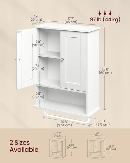 VASAGLE Siren Collection Bathroom Wall Cabinet, Hanging Storage | Bathroom storage cabinet, towel rod, farmhouse, adjustable shelf, doors, 7.9 x 17.7 x 23.6 Inches, UBBK148WB01S