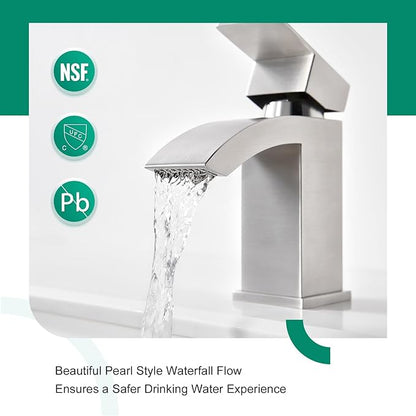 CREA Waterfall Bathroom Faucet 1 Hole Single Handle Brushed Nickel Stainless Steel Modern Basin Mixer Tap 3 Hole Deck Plate RV Vanity(Pop Up Drain/cUPC Supply Line)