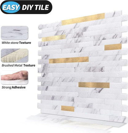 Art3d Faux Stone Peel & Stick Backsplash Tile, 10pcs, White with Metal Gold | PVC, Multi-Style Decor Sheets, Waterproof, Traceless Peel, No Wall Damage, Ideal for Kitchen