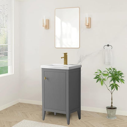 HOMEBEYOND 20" Bathroom Vanity with Ceramic Sink, Solid Wood Free-Standing Vanities Cabinet, Ceramic Top, Golden Brushed Handware & Soft Closing Door, Cashmere Gray