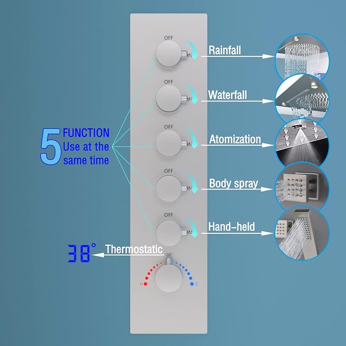 Enga Shower System With Spa Body Jets, 20 Inch LED Waterfall Atomizing Horizontal Square Ceiling Shower Head with Remote Control, Thermostatic Shower Faucet Set Flow Can Be Controlled Brushed Nickel