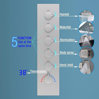 Enga Shower System With Spa Body Jets, 20 Inch LED Waterfall Atomizing Horizontal Square Ceiling Shower Head with Remote Control, Thermostatic Shower Faucet Set Flow Can Be Controlled Brushed Nickel