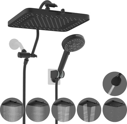 Hibbent 13'' 5-spray Rain Shower Head with 10-Spray Handheld, Matte Black | cUPC Certified High Pressure Dual Showerhead Combo, Upgraded Rainfall Shower Head, 12'' Extension Arm, 71'' Hose & Holder