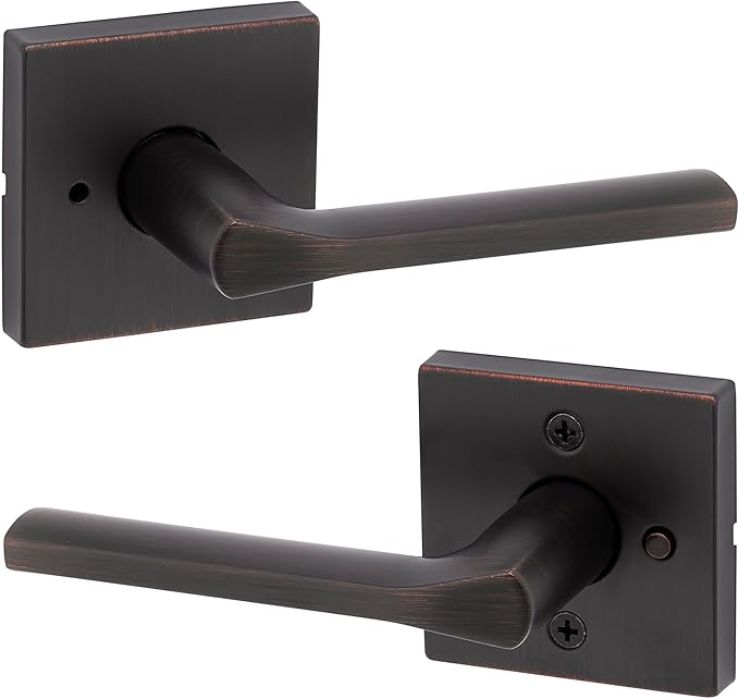 Kwikset Lisbon Interior Privacy Door Handle with Lock, Door Lever For Bathroom and Bedroom, Venetian Bronze Reversible Keyless Push Button Lock Door Lever