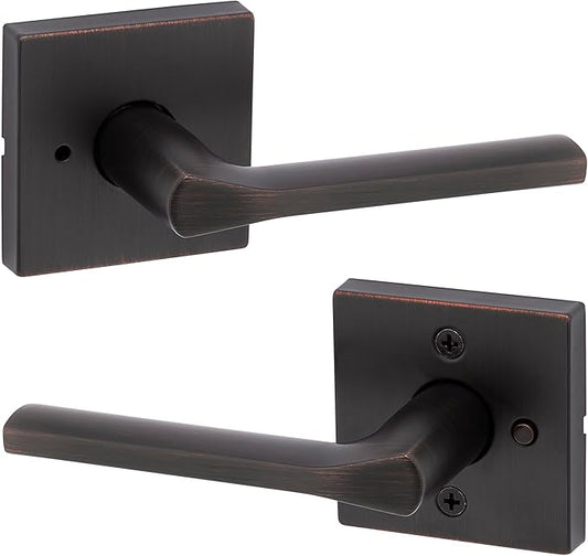 Kwikset Lisbon Interior Privacy Door Handle with Lock, Door Lever For Bathroom and Bedroom, Venetian Bronze Reversible Keyless Push Button Lock Door Lever