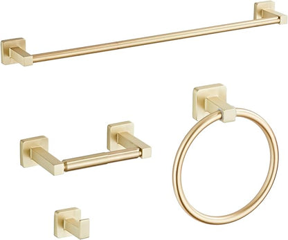 Brusehd Light Gold Bathroom Hardware Set 4 Pieces,Bathroom Accessories Set Stainless Steel Wall Mounted, Hand Towel Bar, Towel Ring, Robe Towel Hooks,Toilet Paper Holder,Towel Bar Set, 23.6 Inch…