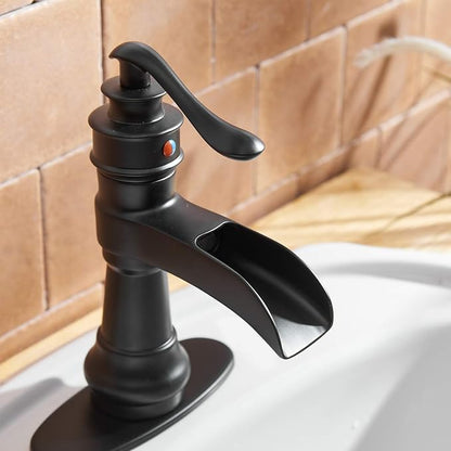 Black Bathroom Sink Faucet Waterfall Bath Faucets Single Handle | Single Hole Deck Mounted, Includes Matching Pop Up Drain and Supply Hose, Farmhouse Antique Commercial, Lead-free Brass