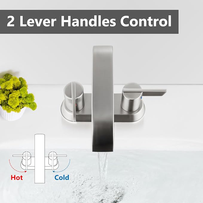 Brushed Nickel Waterfall Bathroom Faucet 4 Inch Centerset,2-Handle | Stainless Steel 3-Hole Deck-Mount Design Includes Supply Lines and Pop-Up Drain for a Complete Vanity Installation