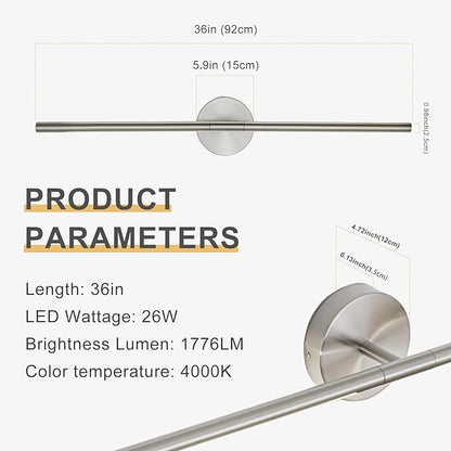 Brushed Nickel Bathroom Light Fixtures Over Mirror 36 Inch, 26W 360° Rotatable Dimmable 4000K LED Vanity Light Bar, Modern Bathroom Vanity Lights Above Mirror