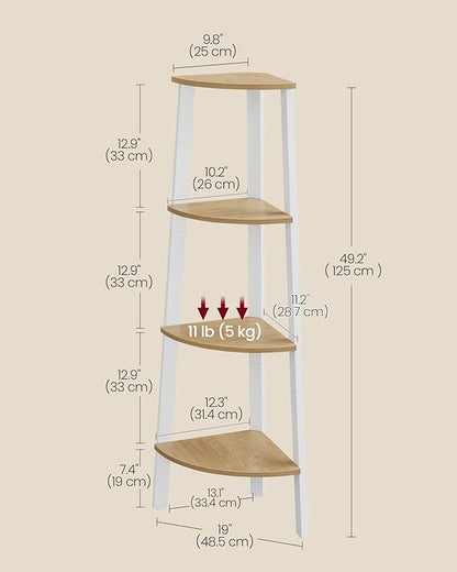 VASAGLE Corner Shelf Stand, 4-Tier Corner Bookshelf, Industrial Ladder Shelf, Plant Stand for Living Room, Office, Kitchen, Natural Oak and Matte White ULLS034Y70
