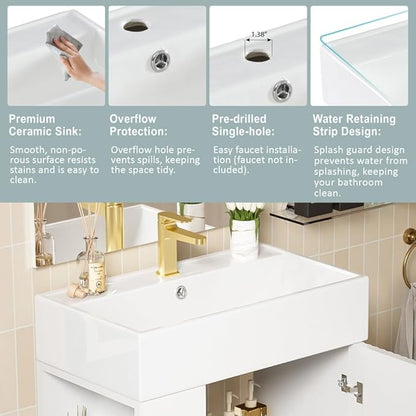 22" Small Bathroom Vanity with Sink, Morden Bathroom Vanities with Soft-Close Door and Open Shelf, Freestanding Narrow Vanity for Compact Space-Saving Bathrooms (White,22" Freestanding Left Shelf)