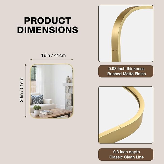 16"x20" Bathroom Mirror for Over Sink, Brushed Gold Rectangle Vanity Mirror | Aluminum Alloy Frame, Clear Reflection, Rust-Resistant, Vertical or Horizontal, Wall Mount, Bedroom and Entryway