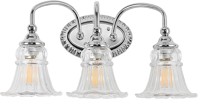 3-Light Vintage Bathroom Light Fixtures, Chrome | Vanity Lights Over Mirror with Floral Glass Shade for Bathroom Powder Room, Living Room Hallway