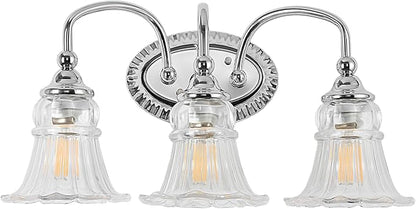 3-Light Vintage Bathroom Light Fixtures, Chrome | Vanity Lights Over Mirror with Floral Glass Shade for Bathroom Powder Room, Living Room Hallway