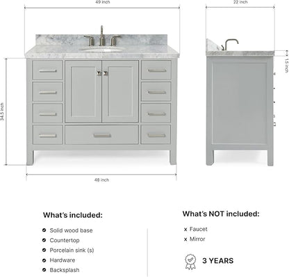 ARIEL Cambridge 48-inch Bathroom Vanity with Sink,Solid Wood, 1.5-inch Italian Carrara Marble Countertop & Backsplash, Single Oval Porcelain Sink, 2 Soft Closing Doors, 9 Dovetail Drawers, Grey