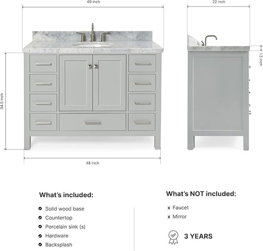 ARIEL Cambridge 48-inch Bathroom Vanity with Sink,Solid Wood, 1.5-inch Italian Carrara Marble Countertop & Backsplash, Single Oval Porcelain Sink, 2 Soft Closing Doors, 9 Dovetail Drawers, Grey
